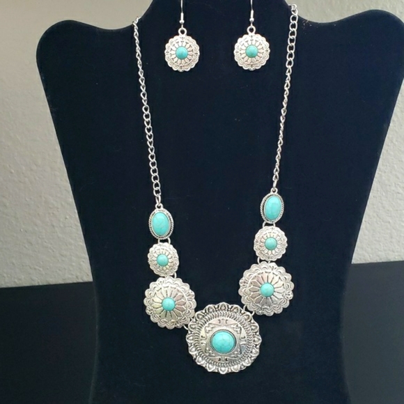 Silver & Turquoise Necklace & Earring Set - Picture 1 of 4